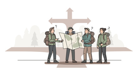 Uncertain Explorers Contemplate Route, Destination And Charted Pathway For Adventure