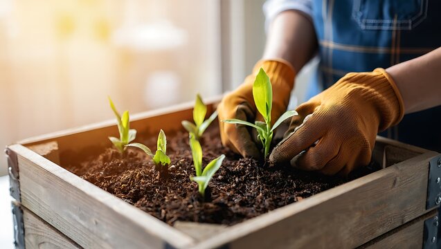 Gardener planting seedlings into wooden box full of fertile soil