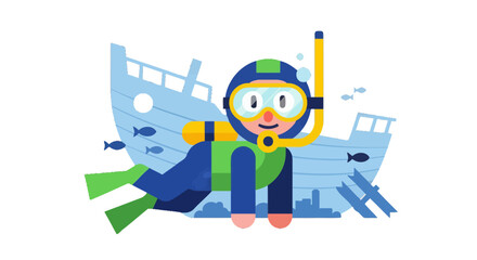 Underwater Diver Beside A Wreckage Searching For Hidden Treasures In The Deep Ocean