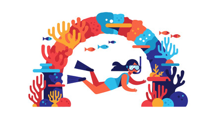 Vibrant Diver Exploring Undersea Realm Within Colorful Coral Arrangement Illustration