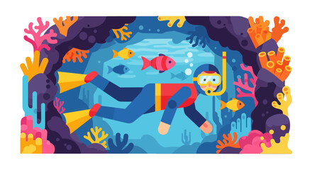 Underwater Diver Enjoys Marine Life in A Vivid Illustration With Colorful Reefs.