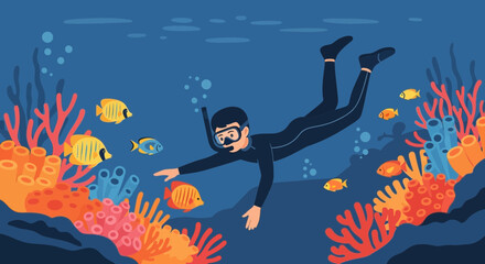 Underwater Diver Swimming Near Coral Reefs Surrounded By Tropical Fish During Diving Experience