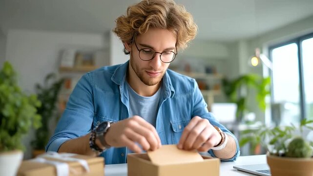 Young man unboxing new gadget on modern desk with soft daylight, focused expression, product details visible, excitement and curiosity, technology lifestyle, influencer review, mod