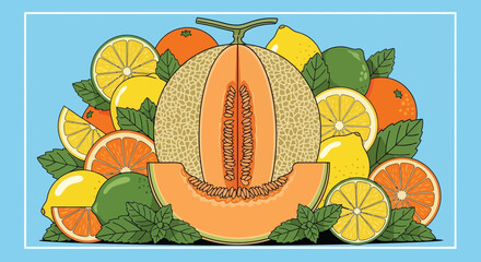 Vibrant Fruit Medley Illustration Featuring Cantaloupe, Citrus, And Botanical Elements