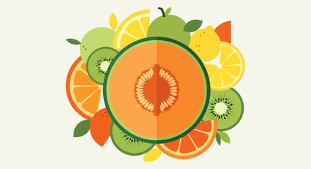 Vibrant Fruit Medley Of Citrus, Kiwi and Melon, A Colorful Freshness Design Illustration