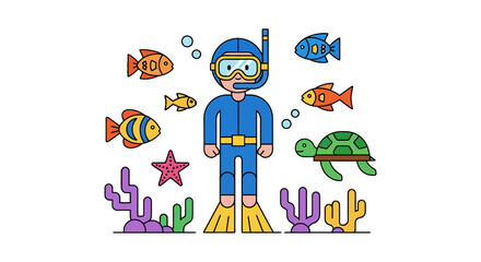 Underwater Exploration: A Colorful Illustration of Scuba Diving and Marine Life