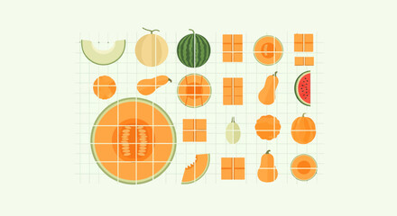 Vibrant Geometric Melons Composition Showcasing Variety of Fresh Summer Fruit Displays