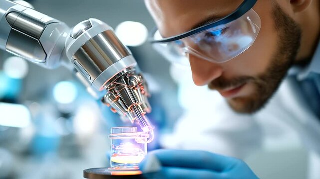 Robotics engineer testing prototype robot arm in lab, futuristic setup, precision and focus, technology innovation, artificial intelligence research, mechanical design, engineering