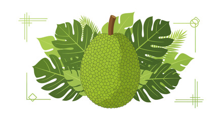 Vibrant Green Jackfruit Surrounded By Monstera Leaves Against A Clean White Backdrop