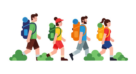 Vibrant Hiking Team: Illustrative Depiction Of Walkers with Backpacks and Bushes