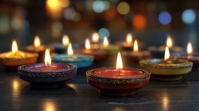 diwali diya lamps lit during diwali hindu festival of lights celebration diwali diya oil lamps holiday background creating a festive and decorative composition