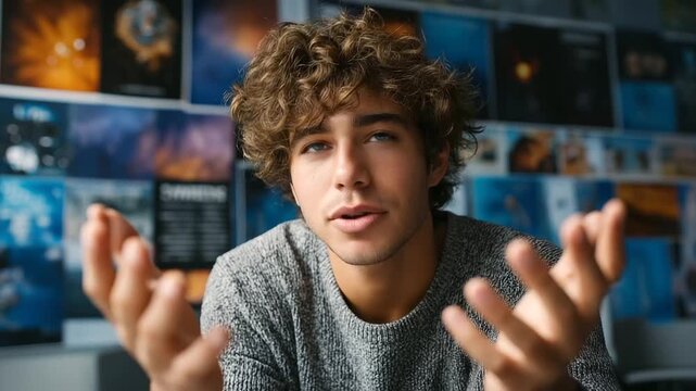 Film critic discussing fan theories about movie on set, posters in background, expressive gestures, cinematic culture, storytelling analysis, creative discussion, film appreciation