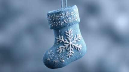 closeup of a blue christmas stocking hanging from a string the stocking is made of a light blue fabric and has a white snowflake design on it