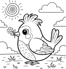A cute bird with a flower in its beak stands in a field under the sun and clouds, a delightful coloring page for kids and adults alike