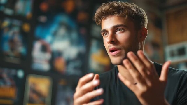 Film critic discussing fan theories about movie on set, posters in background, expressive gestures, cinematic culture, storytelling analysis, creative discussion, film appreciation