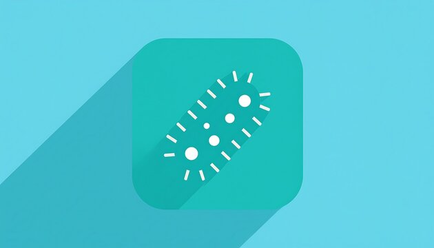 Simple teal rounded square icon of a germ or bacteria, with a long cast shadow on a light teal background