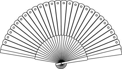 Traditional folding fan, black and white line art, radial symmetry, vintage accessory, Japanese style, elegant design, cultural illustration, minimal decor