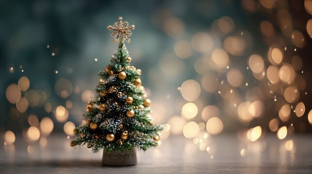 photo of a small festive green christmas tree adorned with golden baubles and a sparkling star topper set against a soft blurred background of warm bokeh lights