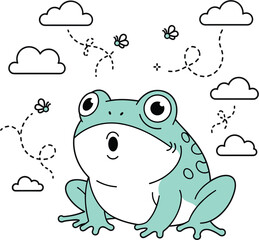 A cartoon illustration of a blue frog with spots, sitting surrounded by clouds and flies, the frog has a surprised expression on its face
