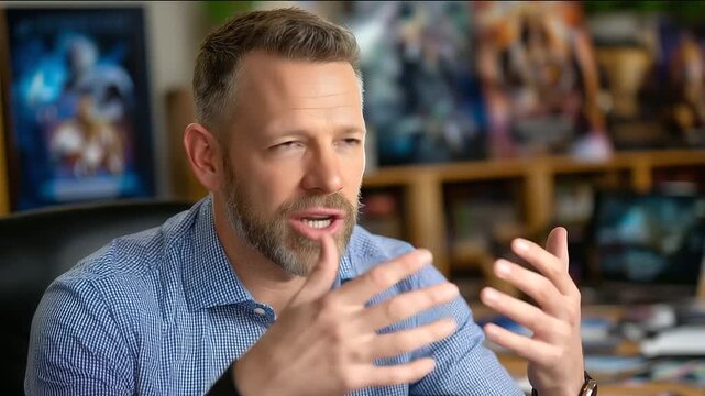 Film critic discussing fan theories about movie on set, posters in background, expressive gestures, cinematic culture, storytelling analysis, creative discussion, film appreciation