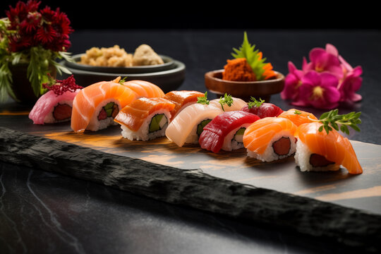 beautifully arranged platter of assorted sushi rolls displayed on a dark slate plate. Each roll is topped with fresh salmon, tuna, and vibrant fish roe, paired with avocado and seaweed