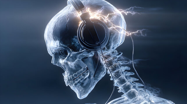Futuristic x-ray concept of a human skull with headphones and electric sparks