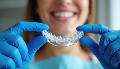 Dentist hands in blue gloves hold clear aligner tray for woman patient. Person gets invisible braces for teeth straightening, smile correction. Modern orthodontic aesthetic treatment at dental