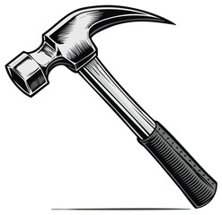 Detailed illustration of a claw hammer with a silver metal head and black grip