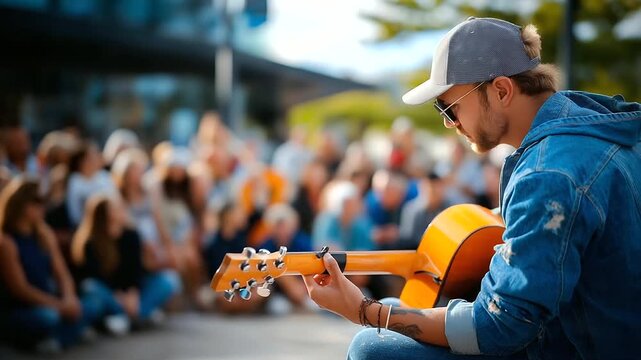 Street performer playing guitar downtown, crowd gathered around, natural light and movement, urban art, human connection, city culture, authenticity and talent, creative spirit, wi