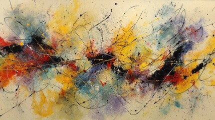 The artwork features a mix of swirling colors like red, yellow, and blue, creating an energetic visual experience. The abstract style evokes feelings and invites interpretation.