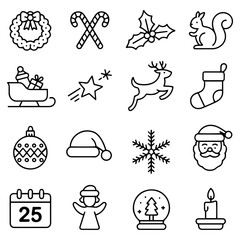 christmas icon set with editable thin stroke vector