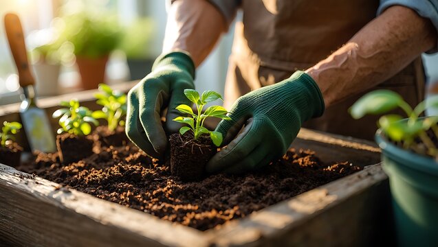Gardening Hands Planting Seedling in Soil Springtime Growth and Care