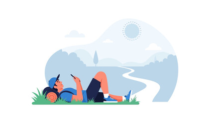 Fototapeta premium Traveller Relaxing With Smartphone During Hike on a Serene Landscape Adventure
