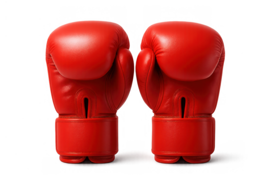 Pair of red boxing gloves ready for a fight, sport competition equipment, transparent background for easy use