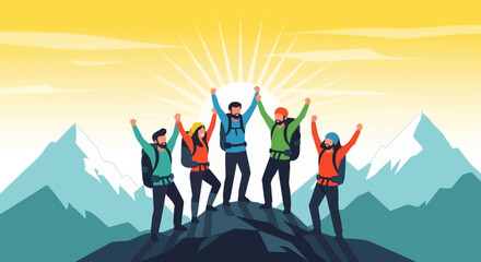Triumphant Team Rejoices At Summit After Achieving Collective Goal Over Majestic Peaks