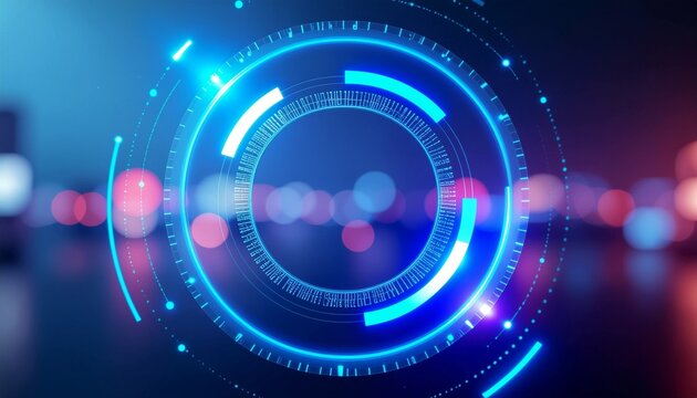A captivating, futuristic, and sleek digital interface featuring glowing blue and purple circles and rings. The image conveys the essence of technological progress and digital innovation