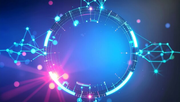 A glowing, futuristic digital circle design with light particles, symbolizing technological innovation and data