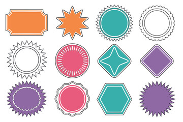 Colorful set of abstract badge and label shapes in flat vector style.