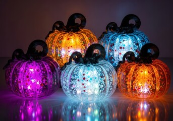 Five illuminated glass pumpkins in various colors, including orange, blue, and purple, glowing with internal lights against a dark background