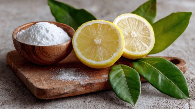 Vibrant halved lemons are placed beside a bowl of salt on a rustic wooden board, highlighted by green leaves. This setup suggests a culinary theme for cooking.