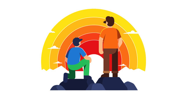 Two Figures Admiring Sunset on Top of Mountain with Modern Abstract Illustration