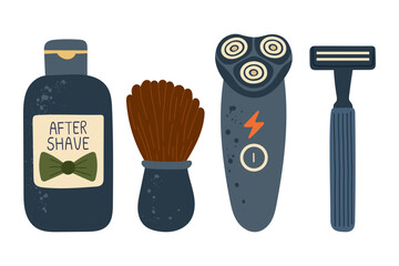 Men’s grooming products with male self-care essentials — face mask tube, body lotion bottle, comb, aftershave, shaving brush, shower sponge, electric razor, and disposable razor.