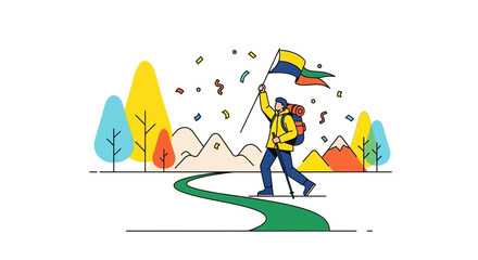 Triumphant Hiker Celebrates With a National Flag Atop the Landscape Reaching New Heights