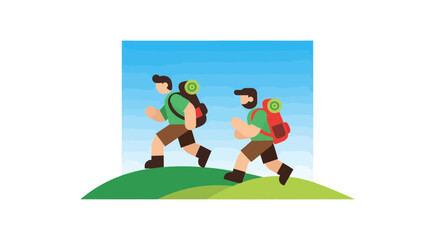 Two Figures Hiking Upward, Illustrating Adventure and Teamwork Against a Blue Sky