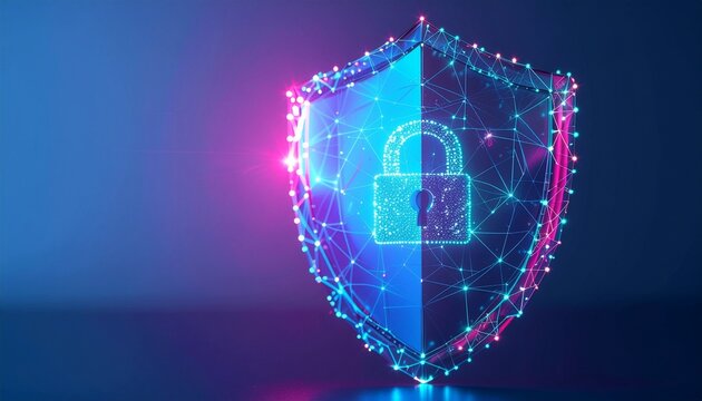 Digital shield of protection featuring a glowing padlock, representing security and data safety