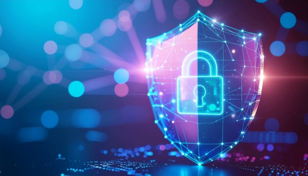An abstract digital image of a shield with a padlock, symbolizing data security and protection - Powered by Adobe