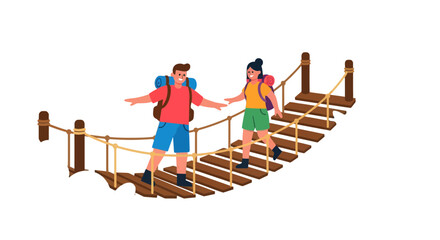 Two Figures Traverse A Suspension Bridge As They Explore The Trail For New Discoveries