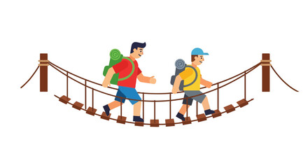 Two Figures Traverse Suspended Bridge, Embarking on Adventurous Journey in Uncharted Territory