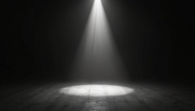 Single bright spotlight shines down on dark concrete floor. Strong beam creates circular light patch. Dramatic illumination fills empty stage space, providing abstract glow and mystery.