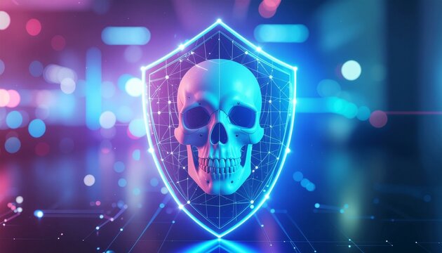 Digital cybersecurity concept. A skull shield in the middle of a glowing digital environment, suggesting data protection